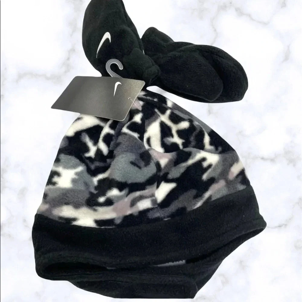 Nike Boys Trapper Hat Beanie Mittens Set Toddler Baby Swoosh Logo Black Gray NWT